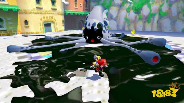 Mario cleans up a bunch of ink in Super Mario Sunshine