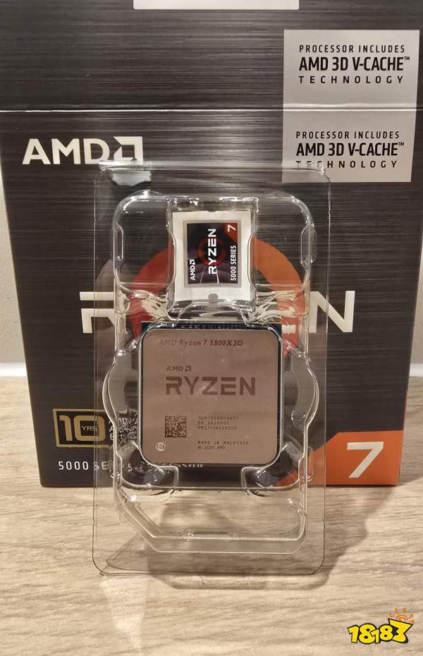 The image shows an AMD Ryzen 7 5800X3D processor package, highlighting the inclusion of