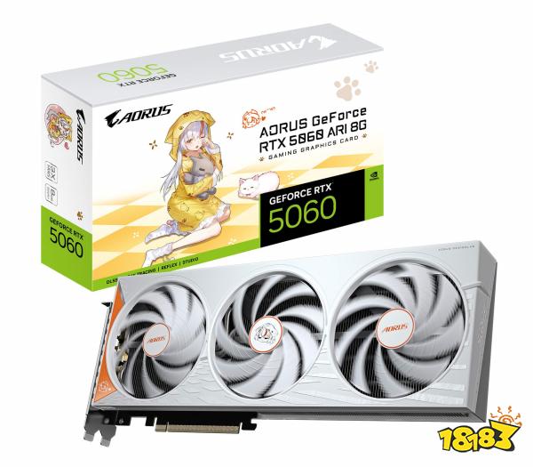 The image shows an AORUS GeForce RTX 5060 graphics card and its box featuring the text