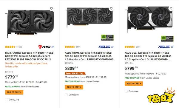 Three graphics cards listed for sale: MSI SHADOW GeForce RTX 5060 Ti 16GB for $779.99, ASUS PRIME GeForce RTX 5060 Ti 16GB for $809.99, and ASUS Dual GeForce RTX 5060 Ti 16GB for $799.99, all with free shipping from the United States.