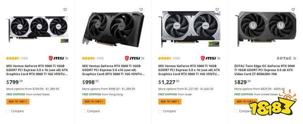 A comparison image shows MSI Ventus GeForce RTX 5060 Ti 16GB graphics cards priced at $799.99, $998.00, and $1,227.90, and a ZOTAC Twin Edge OC GeForce RTX 5060 Ti priced at $829.99.