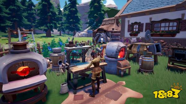 A player works at their outdoor work stations, with a big farm and lovely home in the background, in life sim Palia