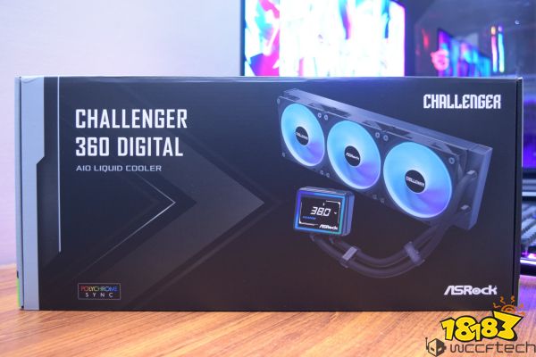 A box displays the ASRock Challenger 360 Digital AIO Liquid Cooler featuring a digital display showing