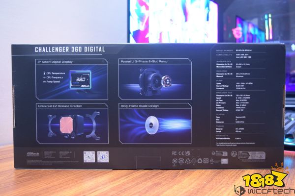 The ASRock Challenger 360 Digital packaging highlights a 3 smart digital display for CPU monitoring, a powerful 3-phase 6-slot pump, a universal EZ release bracket, and a ring-frame blade design, alongside detailed specifications on the right panel.