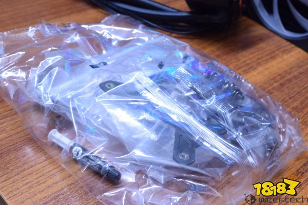 A plastic bag containing computer hardware components and a small syringe of thermal paste on a wooden surface, with Wccftech branding in the corner.