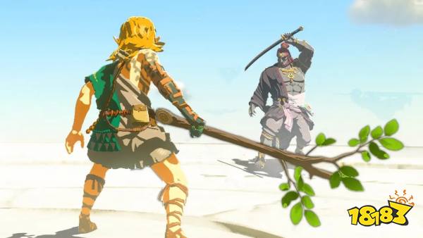 Link from Tears of the Kingdom, stares down mortal enemy Ganondorf while holding a stick.