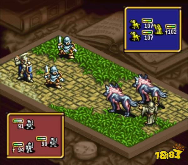 Depicts a combat scene in Ogre Battle, where a wizard and two hellhounds face off against enemy soldier units.
