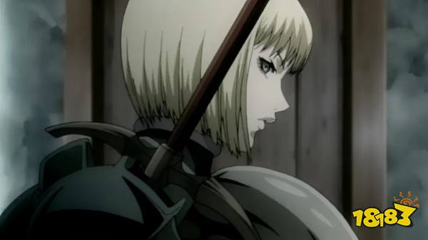 A blonde-haired woman looks back with a stern expression in Claymore