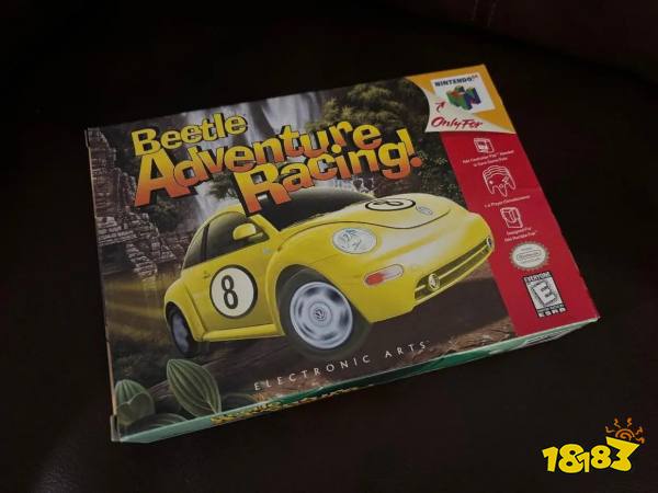 The exterior packaging for Beetle Adventure Racing on Nintendo 64, against a faux leather backdrop.