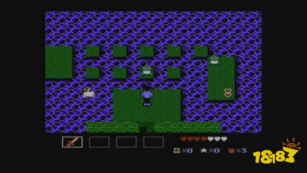 Mike Jones stands in a water-logged room, facing ledges with frogs and hearts.