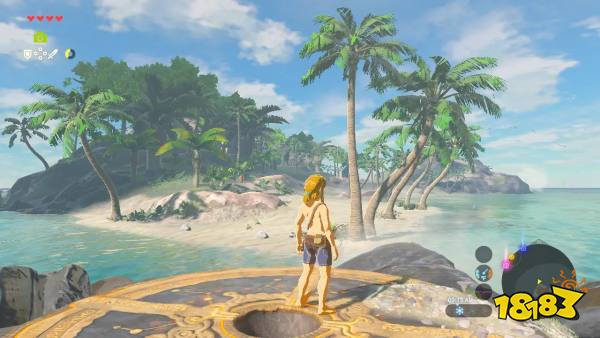 Link from The Legend of Zelda: Breath of the Wild standing on Eventide Island, shirtless, with no gear.