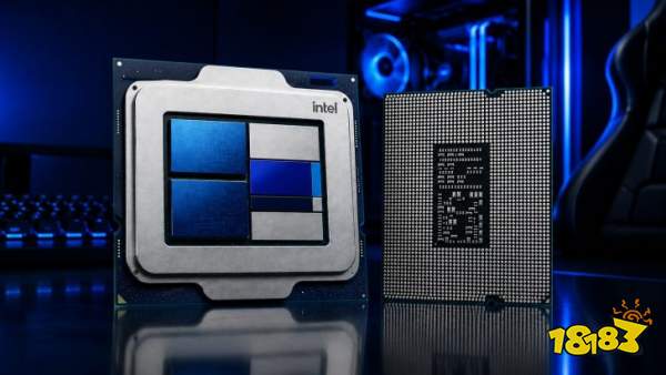 Two Intel processors are displayed, one showing the front with visible blue and silver design details, and the other showing the back with an array of connection pins.