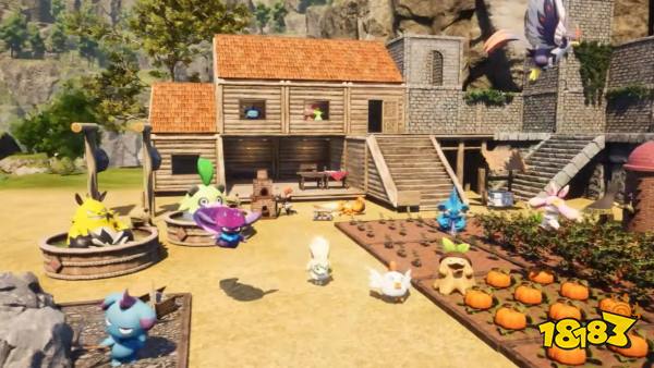 A screenshot from Palworld showing an in-game base with multiple Pals, farms, and houses.