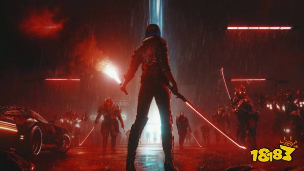 v holding a sword and a red flare in cyberpunk 2077.