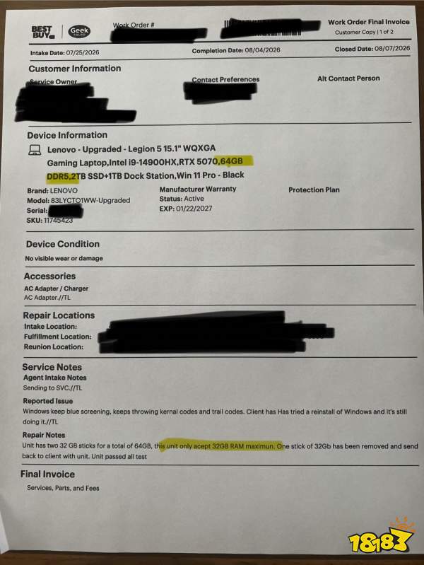 Gaming laptop owner says Best Buy removed one stick of 32GB DDR5 RAM from his machine and set it back