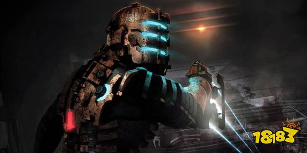 Dead Space Main Character, Helmet With Three Horizontal Blue Lines, Looking Back As He Aims Gun Forward