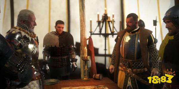 Henry From Kingdom Come: Deliverance with other characters inside a tent