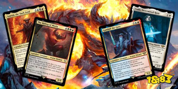 Lord of the Rings Magic The Gathering Commanders. Gandalf the Grey, Frodo, Determined Hero, The Balrog of Moria, and Sauron, the Dark Lord.