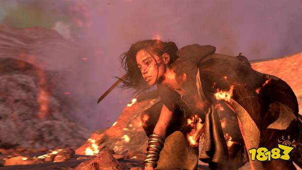 A wide shot of Forspoken main character Frey wearing a cloak and hunched over in a bright scene
