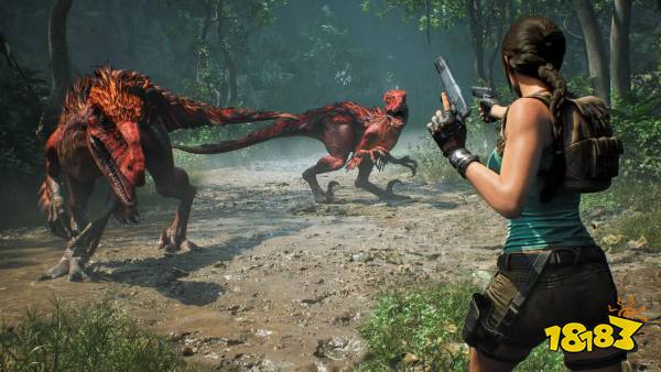 Lara Croft fighting dinosaurs in Tomb Raider: Legacy of Atlantis.