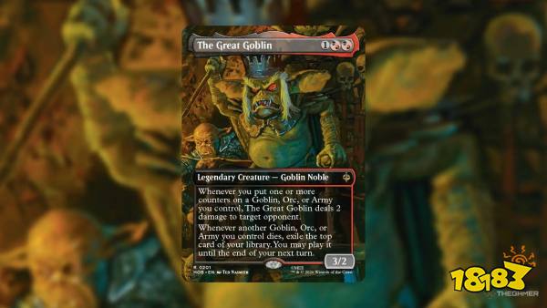 An image of The Great Goblin card from The Hobbit MTG set, featuring a gruesome goblin wielding a weapon and wearing a crown.