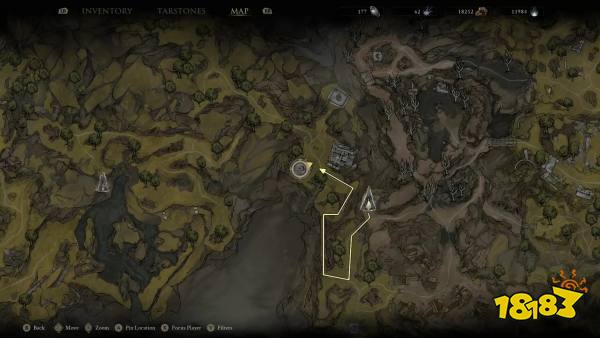 A map showing a path to the building with the Forgotten Crossbow in Mortal Shell 2.