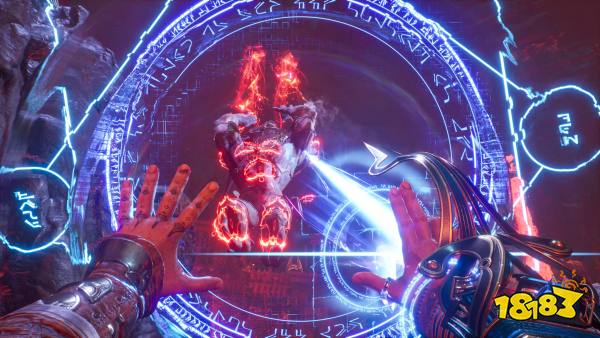 An Immortals of Aveum screenshot shows the player using both of their hands to generate a magical blue attack