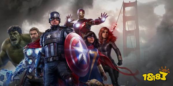 Marvel’s Avengers team line-up, including Hulk, Thor, Captain America, Iron Man, Ms. Marvel, and Black Widow, standing on the Golden Gate Bridge