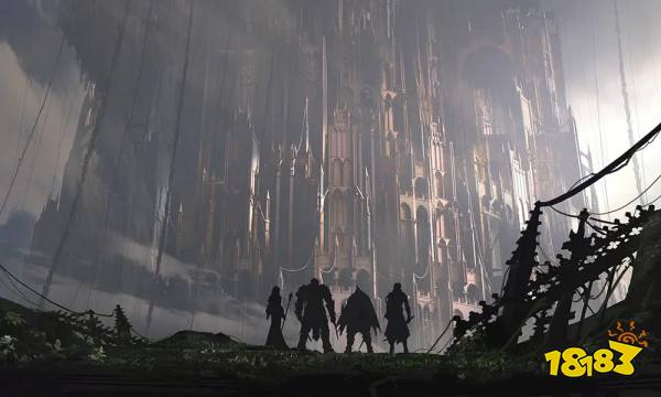 Babylon’s Fall - four characters in front of a giant tower