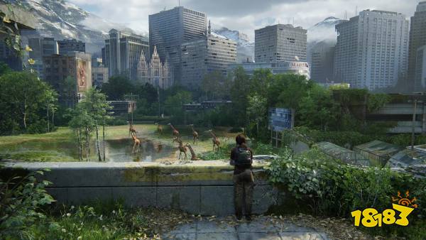 Ellie watches a herd of giraffe in a overgrown city in The Last of Us
