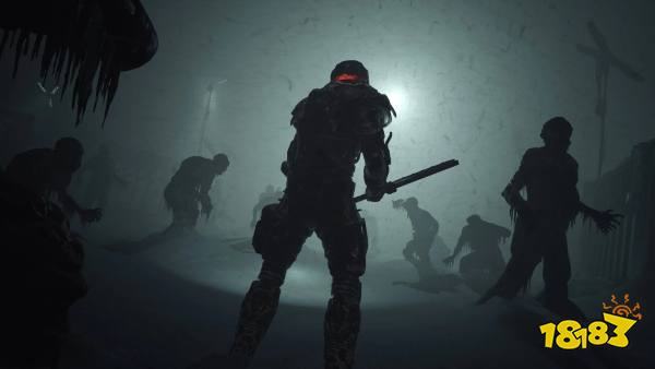 Jacob Lee holds a stun baton in his hands and walks through a series of frozen mutant bodies amid a blizzard in a still from The Callisto Protocol