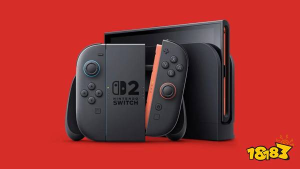Nintendo Switch 2 dock and Joy-Con on red background