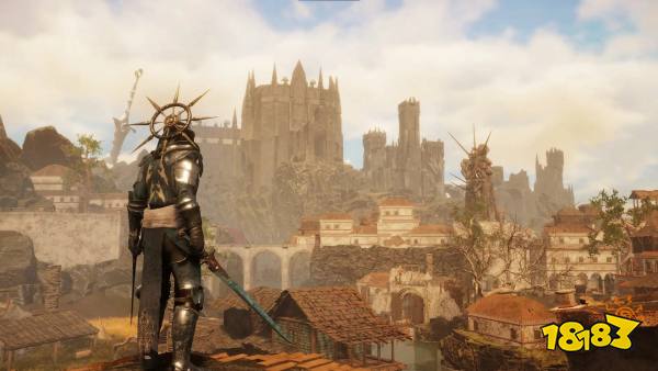 The main character in Tainted Grail: The Fall of Avalon overlooks a city.