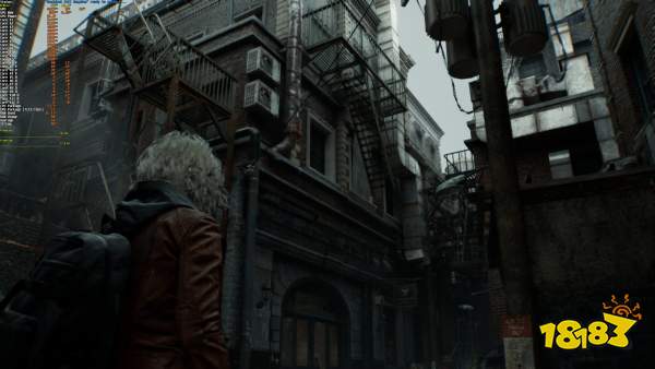 A character in a coat stands in a detailed urban environment in the game