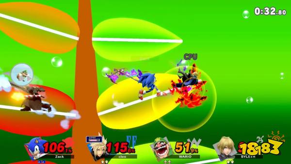 Sonic using a strong item of Byleth as Cloud takes out Wario on the Hanenbow stage in Super Smash Bros. Ultimate