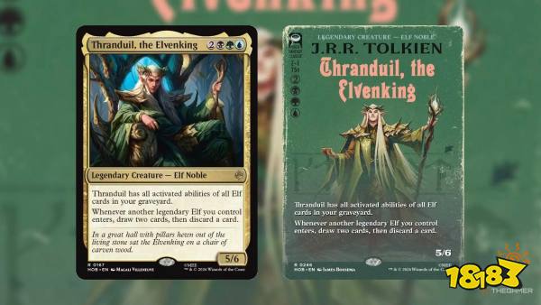 Two variants of the Thranduil, the Elven King card from MTG The Hobbit, one of which is a base card and the other is a book cover variant.