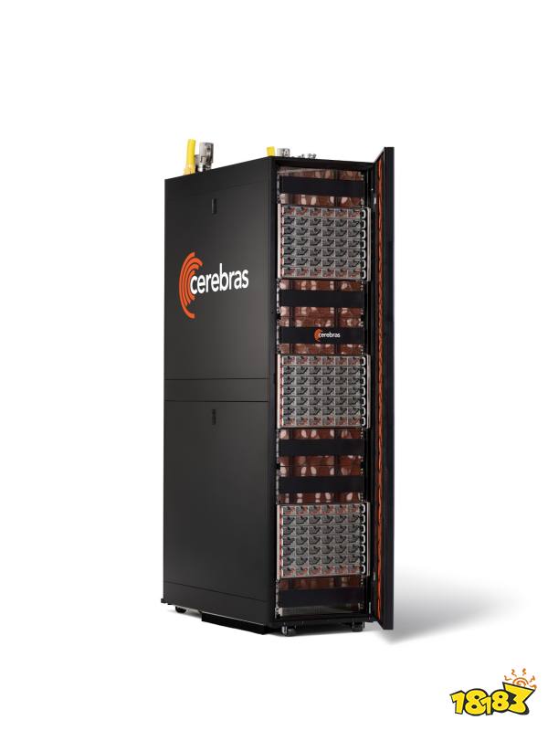A Cerebras server rack with multiple processors is displayed, showcasing the Cerebras Systems logo on the exterior panel.
