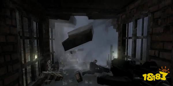 the player in front of crumbling debris