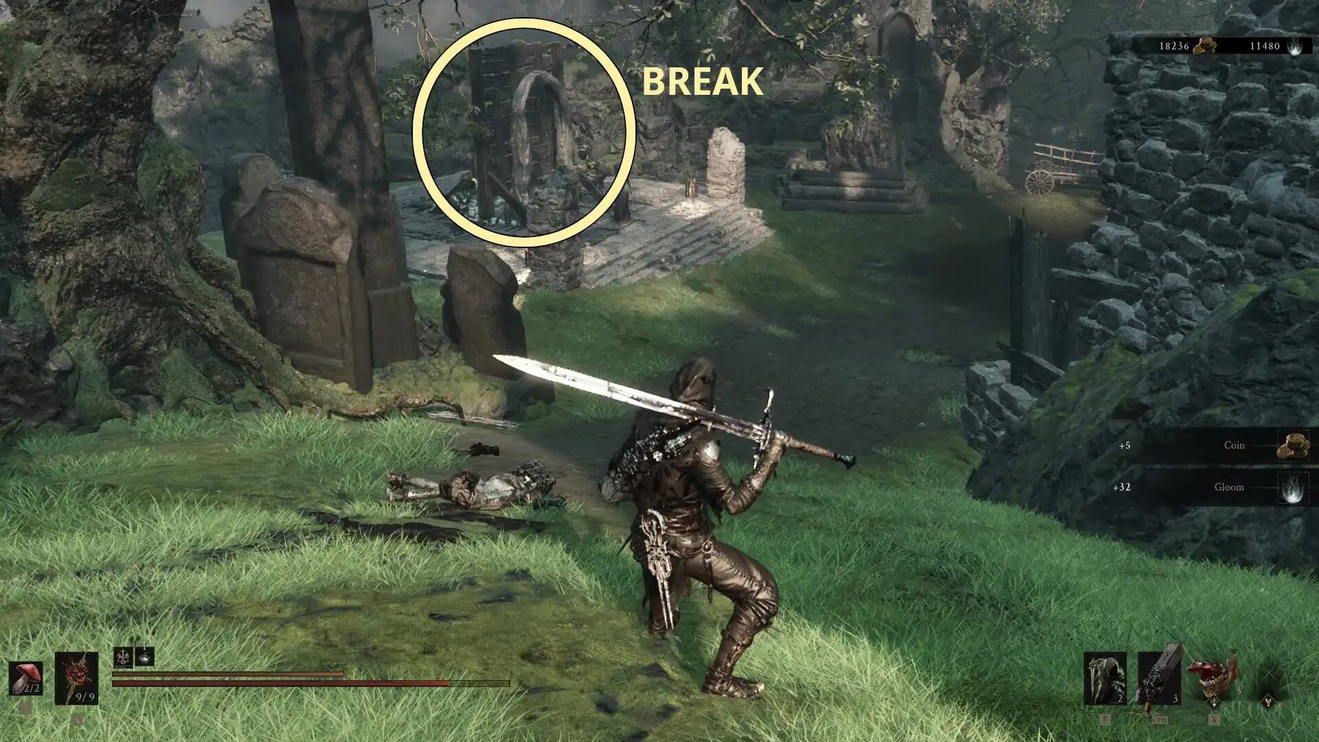 A wooden barrier blocking an illusion gate in Mortal Shell 2.