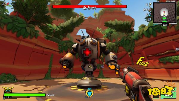 Shooting a boss in Roboquest