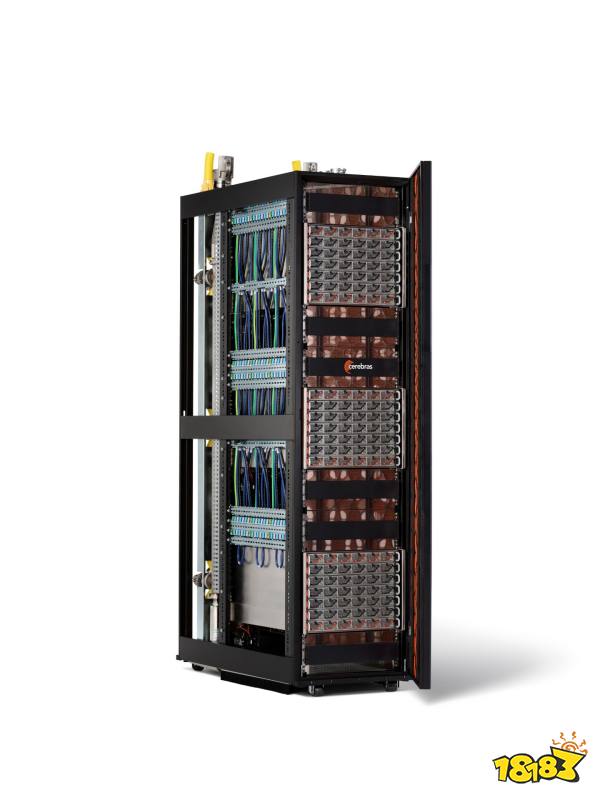 A Cerebras Systems server rack with visible wiring and cooling systems is shown, prominently featuring a Cerebras logo on the front panel.