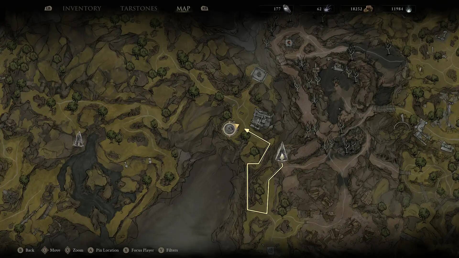 A map showing a path to the building with the Forgotten Crossbow in Mortal Shell 2.