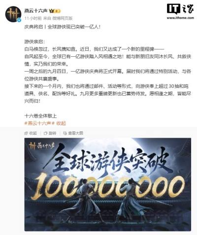 《燕云十六声》全球玩家数突破1亿人