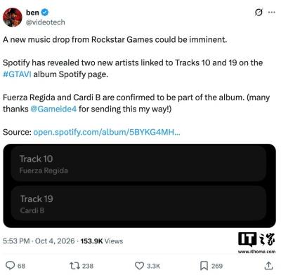 Spotify提前泄露《侠盗猎车手6》原声带阵容：Cardi B与Fuerza Regida在列