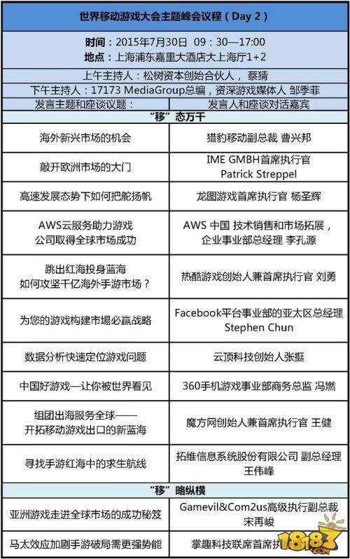 世界移动游戏大会主题峰会议程正式公布