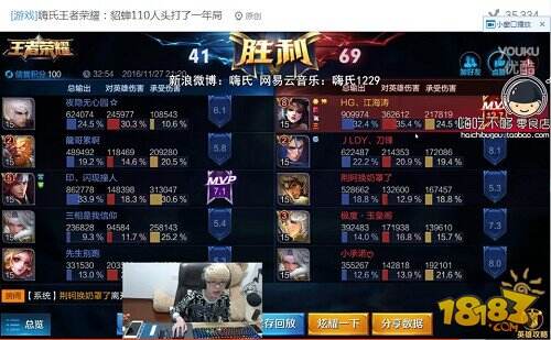 虎牙直播嗨氏王者荣耀对局110个头 感叹这局能打一年