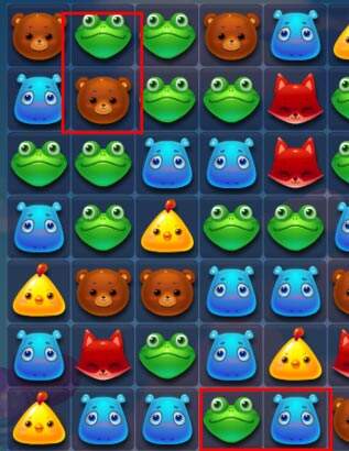 继而交换青蛙和河马,会出现横向直线特效交换炸弹和横向特效,能够消掉