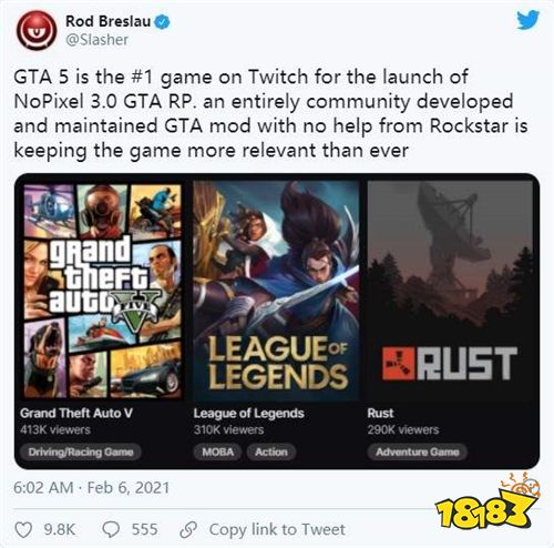 《GTA5》角色扮演服务器上线 相关直播观看人数超40万