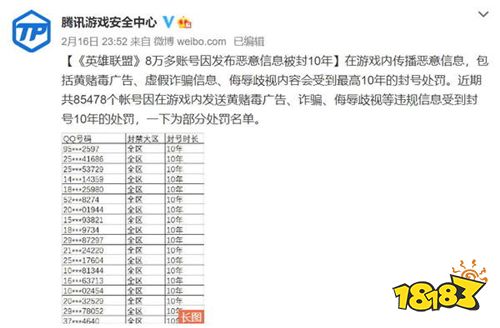 《英雄联盟》严禁发布恶意信息 8万多账号被封10年