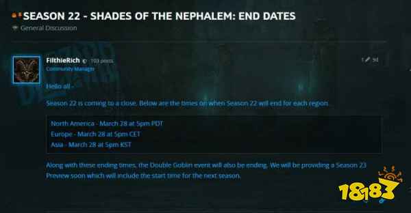 《暗黑破坏神3》第22赛季将于3月28日下午5点结束